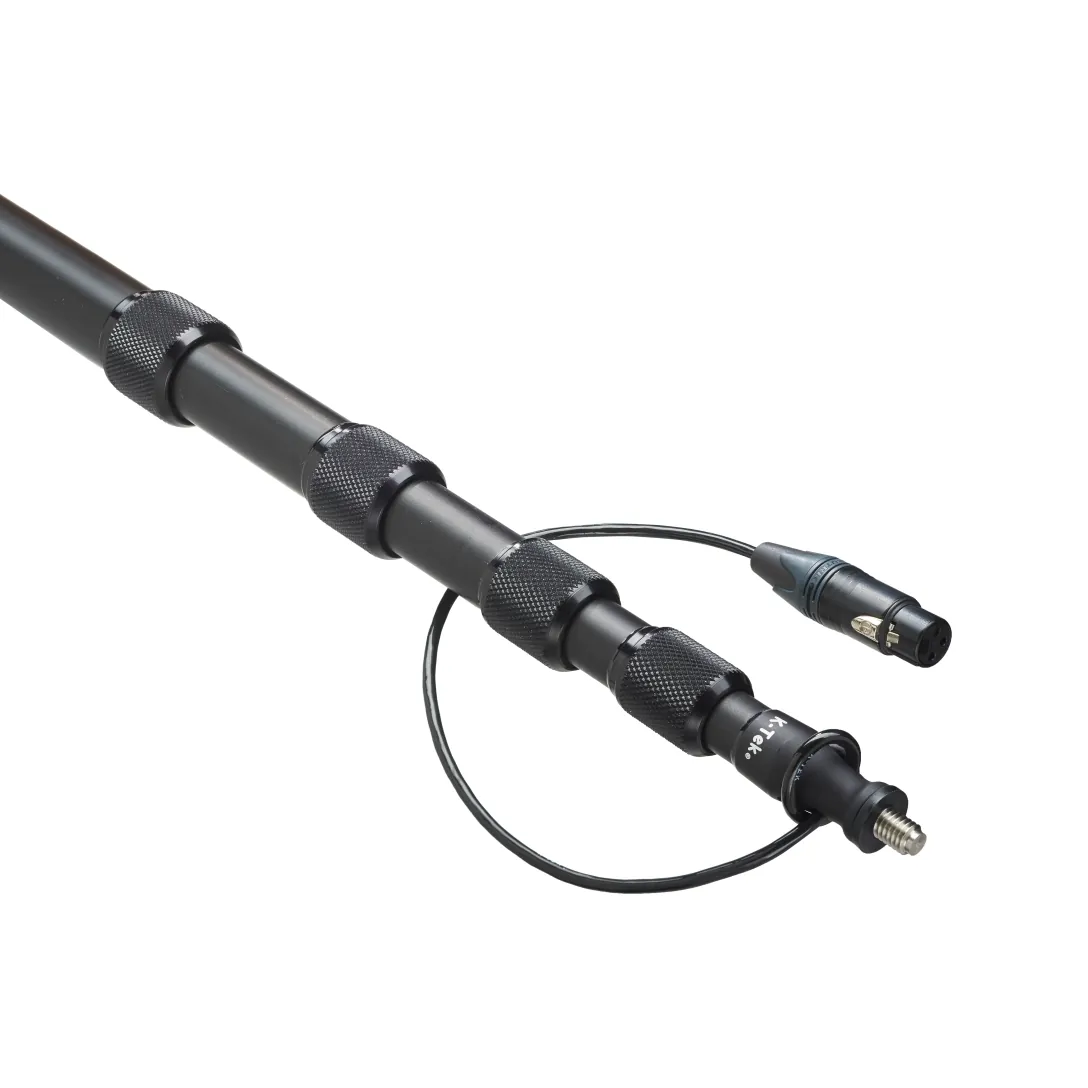 K-Tek KE110 Avalon Aluminum Boom Pole: the top sections extended, with the cable's XLR on a short loop.