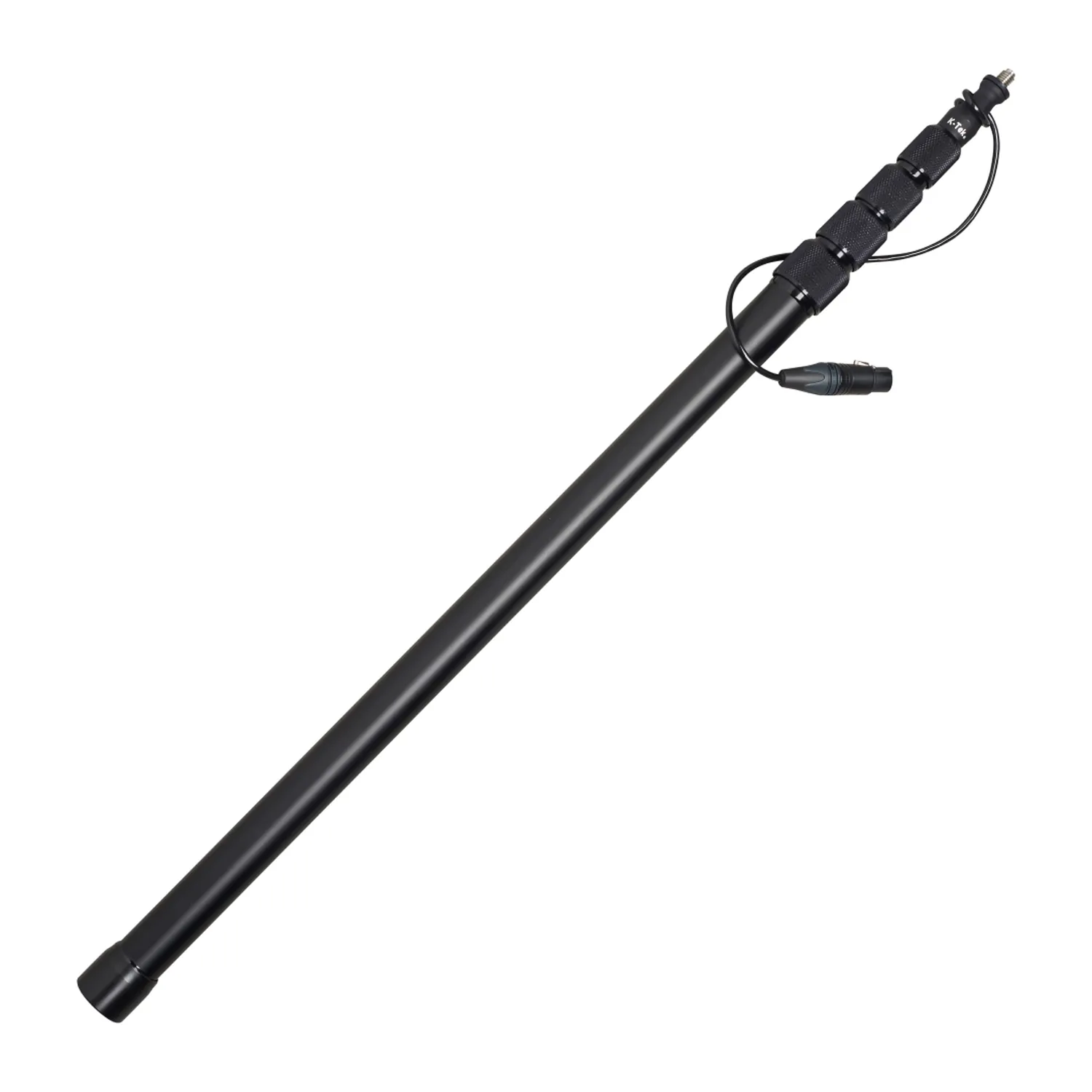K-Tek KE110 Avalon Aluminum Boom Pole - Coiled Cable, Bottom XLR: the pole with its coiled cable fitted, shown at an angle.