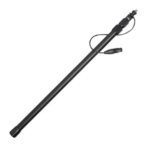 K-Tek KE69 Avalon Aluminum Boom Pole - Coiled Cable, Bottom XLR: the pole at an angle, with the coiled cable's XLR on a short loop at the top.