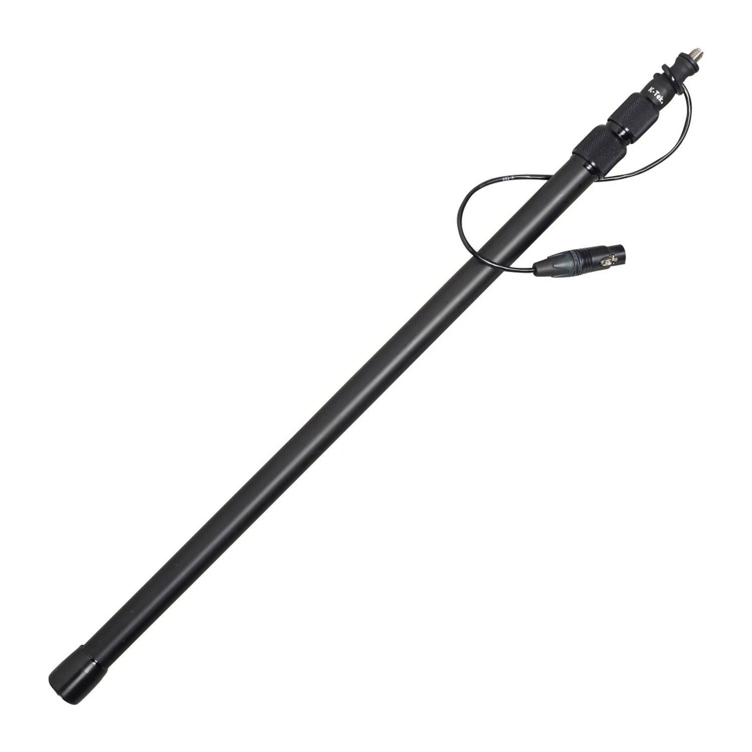 K-Tek KE69 Avalon Aluminum Boom Pole - Coiled Cable, Bottom XLR: the pole at an angle, with the coiled cable's XLR on a short loop at the top.