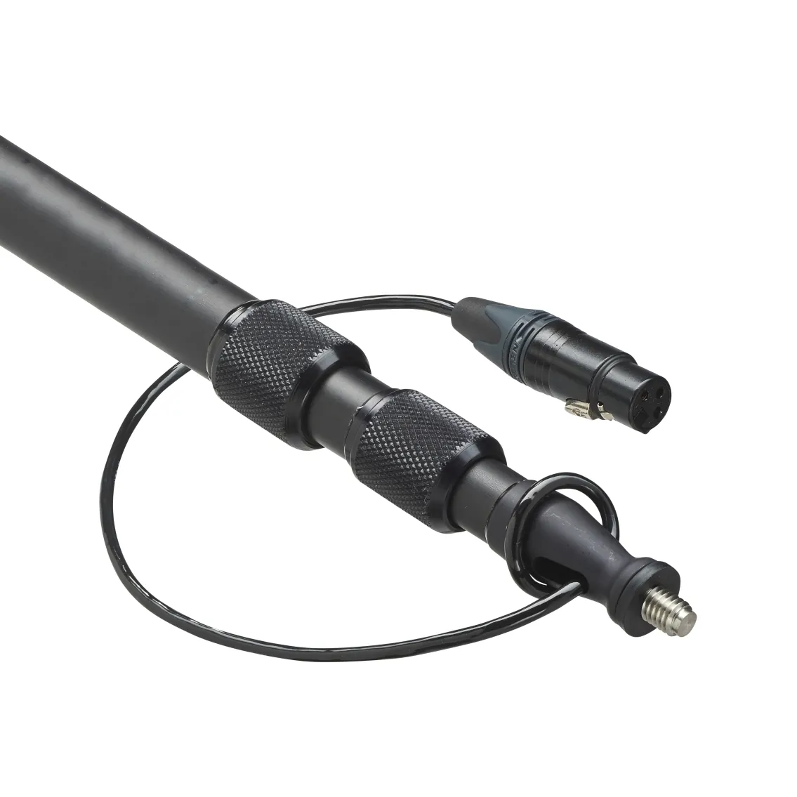 K-Tek KE69 Avalon Aluminum Boom Pole: the top section and 3/8-16 male thread, with the cable's XLR on a short loop.