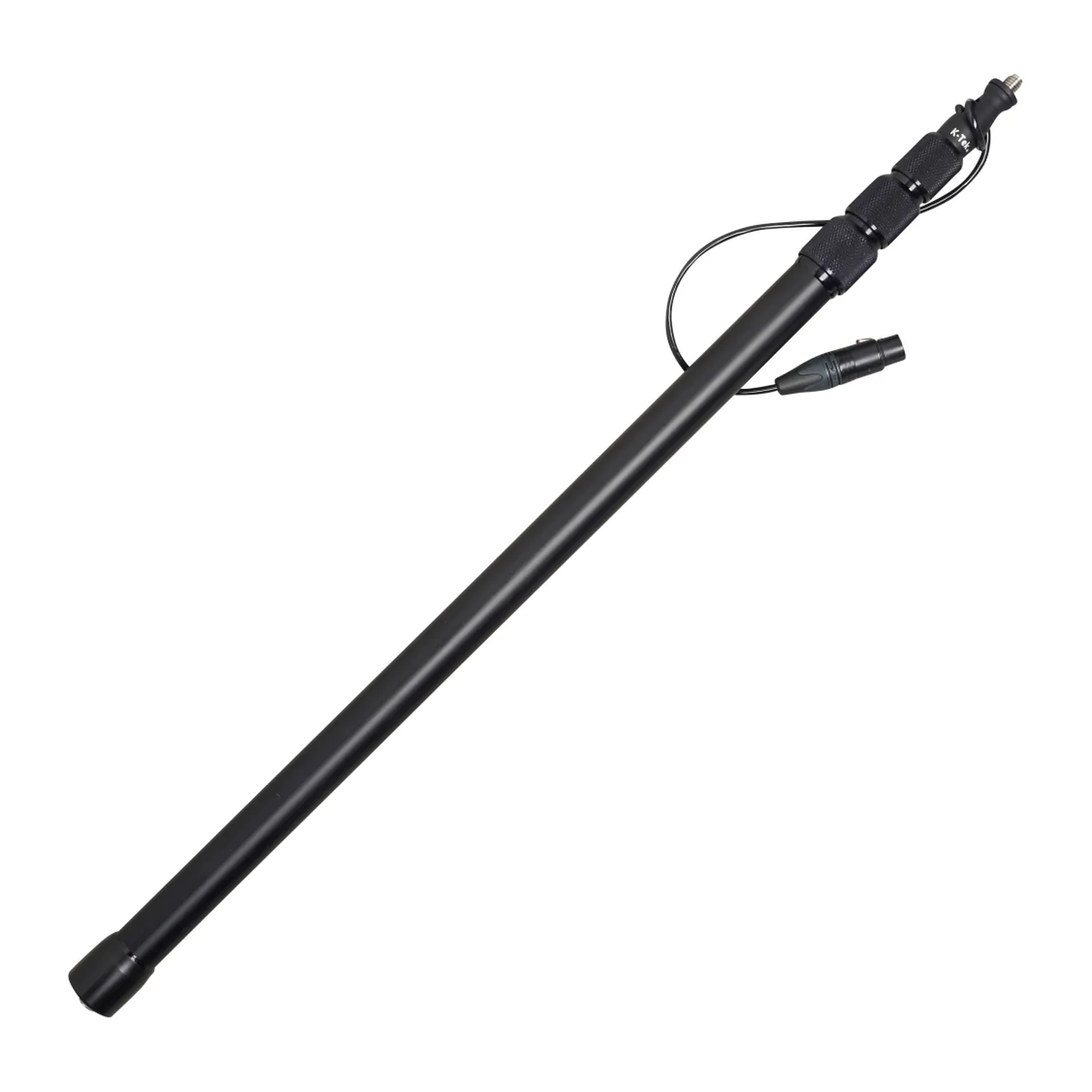 K-Tek KE89 Avalon Aluminum Boom Pole - Coiled Cable, Bottom XLR: the pole with its coiled cable fitted, shown at an angle.