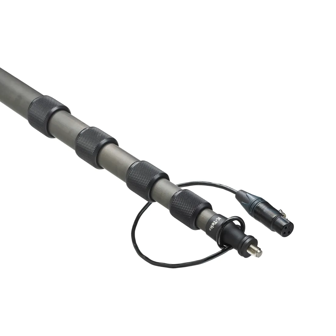 K-Tek KEG100 Avalon Carbon Boom Pole: the top sections extended, with the cable's XLR on a short loop.