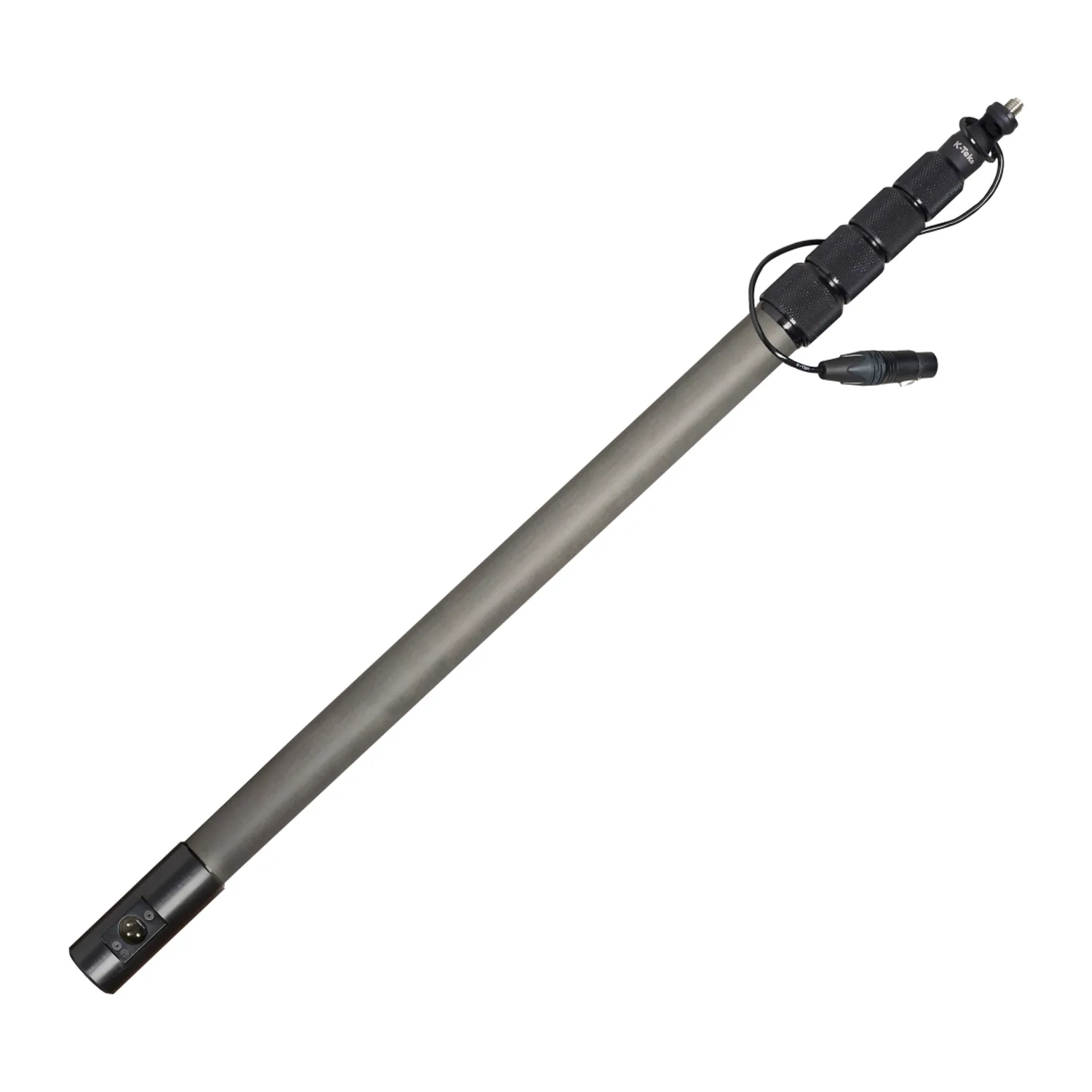 K-Tek KEG150 Avalon Carbon Boom Pole - Coiled Cable, Side XLR: the pole with its coiled cable and side XLR, shown at an angle.