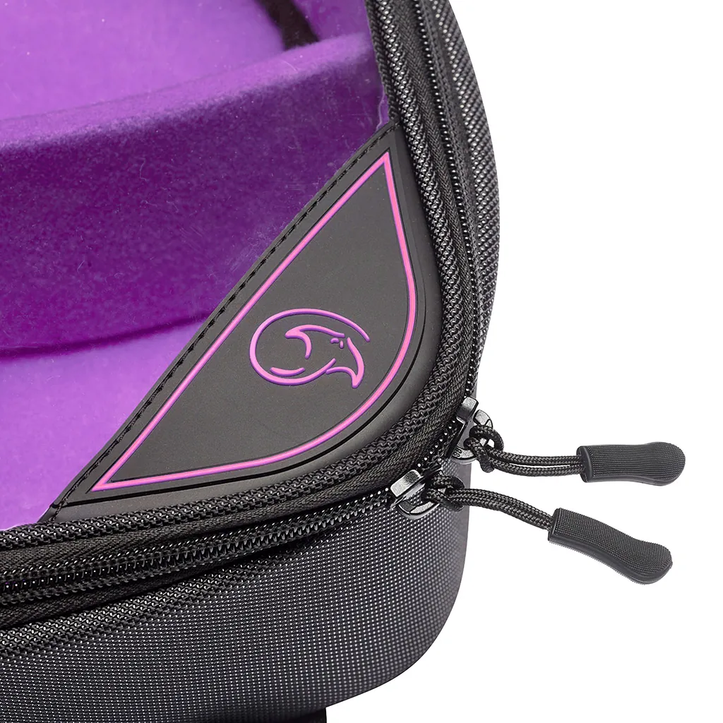 K-Tek KGBSXP Stingray Gizmo-X Bag (Small, Purple Interior): a zipper corner with the Stingray logo and purple lining, close up.
