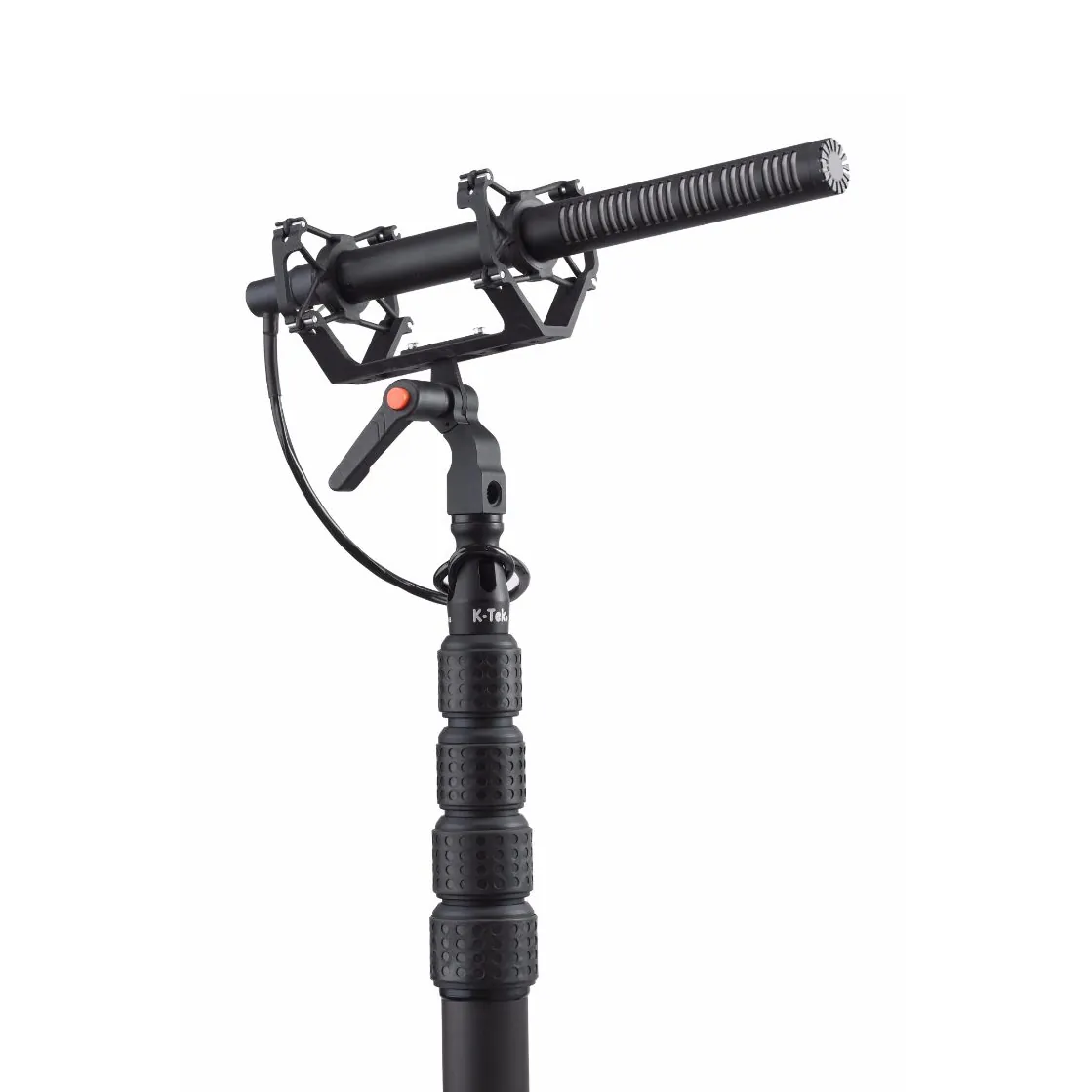 K-Tek KGPS General Purpose Shock Mount: on a boom pole, holding a shotgun mic.