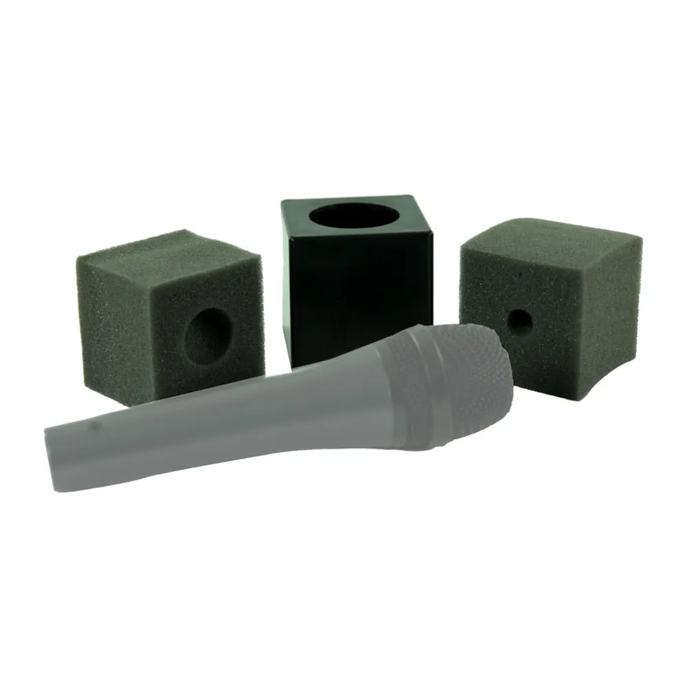 K-Tek KMICF Mic Flag: the flag and both foam inserts, with a handheld microphone in front.