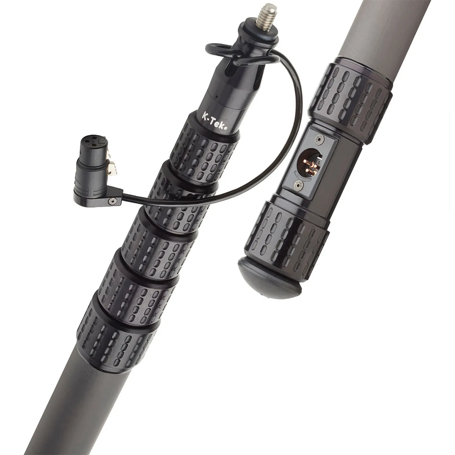 K-Tek Mighty Boom KP Carbon Boom Pole - 12 ft 3 in, Coiled Cable: the headpiece with its right-angle XLR and the KPCCR side-exit module, close up.