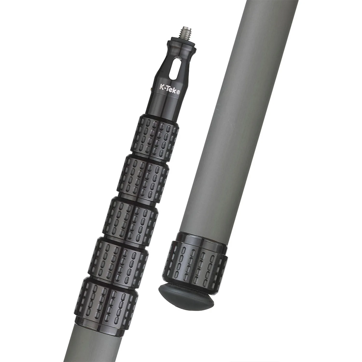 K-Tek Mighty Boom KP Carbon Boom Pole - 12 ft, Uncabled: the headpiece and the rubber bumper at the base, close up.