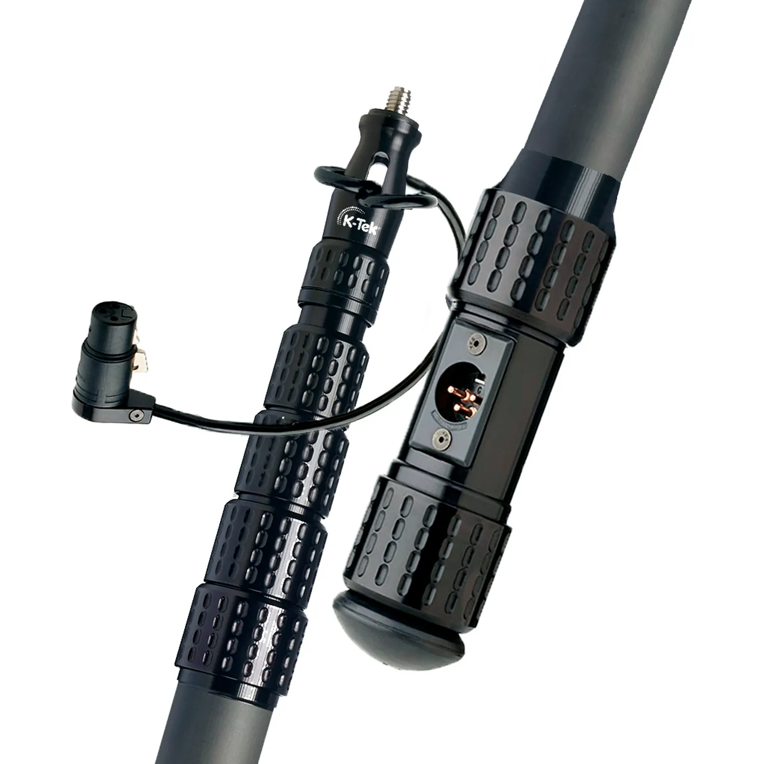 K-Tek KP14VCCR Mighty Boom Carbon Boom Pole (Coiled Cable, Side Exit): the headpiece with its right-angle XLR and the KPCCR side-exit module, close up.