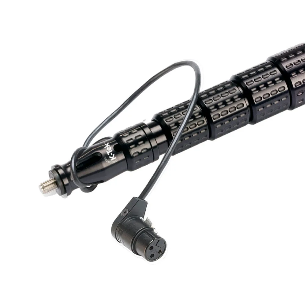 K-Tek KP14VCCR Mighty Boom Carbon Boom Pole (Coiled Cable, Side Exit): the right-angle XLR on its short cable at the headpiece.