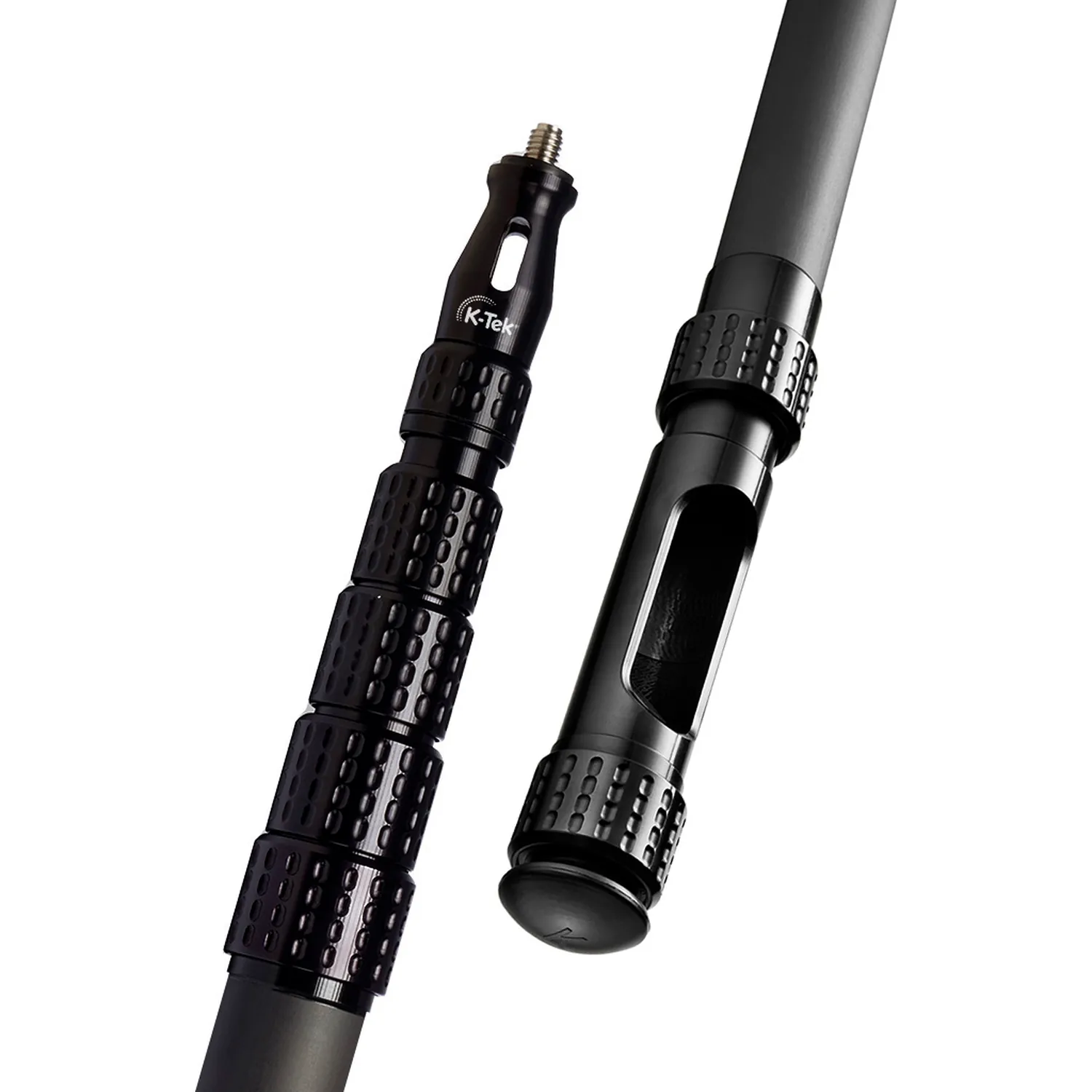 K-Tek KP14VFT Mighty Boom Carbon Boom Pole (Straight Cable, KPFT): the headpiece and the slotted bottom module, close up.