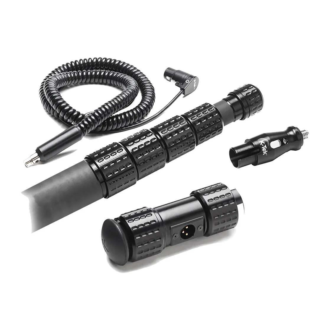 K-Tek KP18VCCR Mighty Boom Carbon Boom Pole (Coiled Cable, Side Exit): the coiled cable, the KPCCR module, and the pole's top and bottom sections.