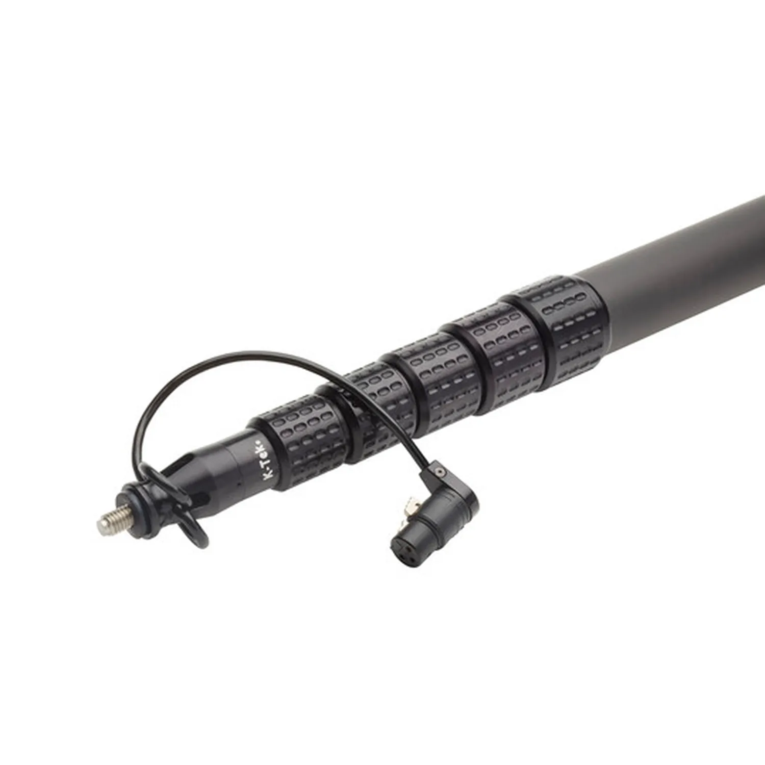K-Tek Mighty Boom KP Carbon Boom Pole - 5 ft 3 in, Coiled Cable: the collapsed pole with the coiled cable's right-angle XLR at the top.