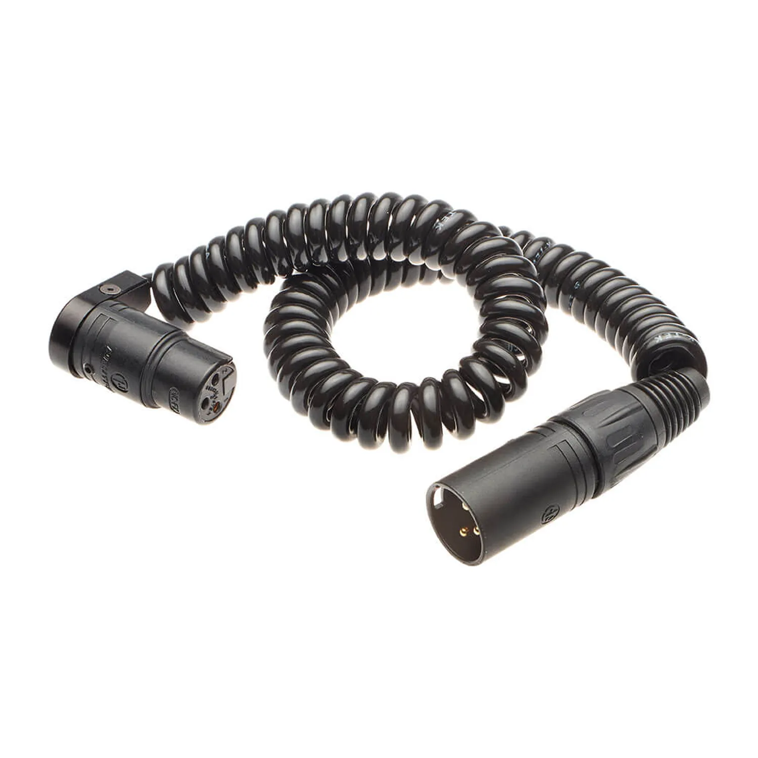 K-Tek KPC10K Coiled XLR Cable with Low Profile XLR Female (10 ft): the coiled cable with its right-angle low-profile XLR female and Neutrik XLR male.