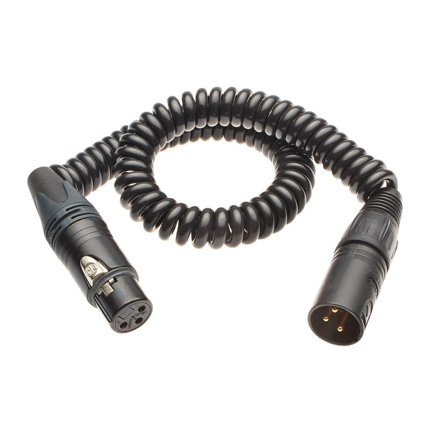 K-Tek KPC5N Coiled XLR Cable with Neutrik XLR Female (5 ft): the coiled cable with a Neutrik XLR female and a Neutrik XLR male.