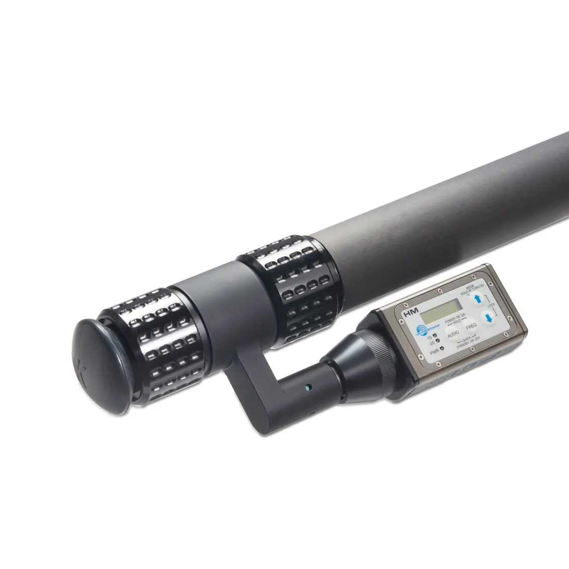 K-Tek KPTA Sidekick Transmitter Adapter for Mighty Boom Poles: on the base of a pole, with a plug-on transmitter attached.