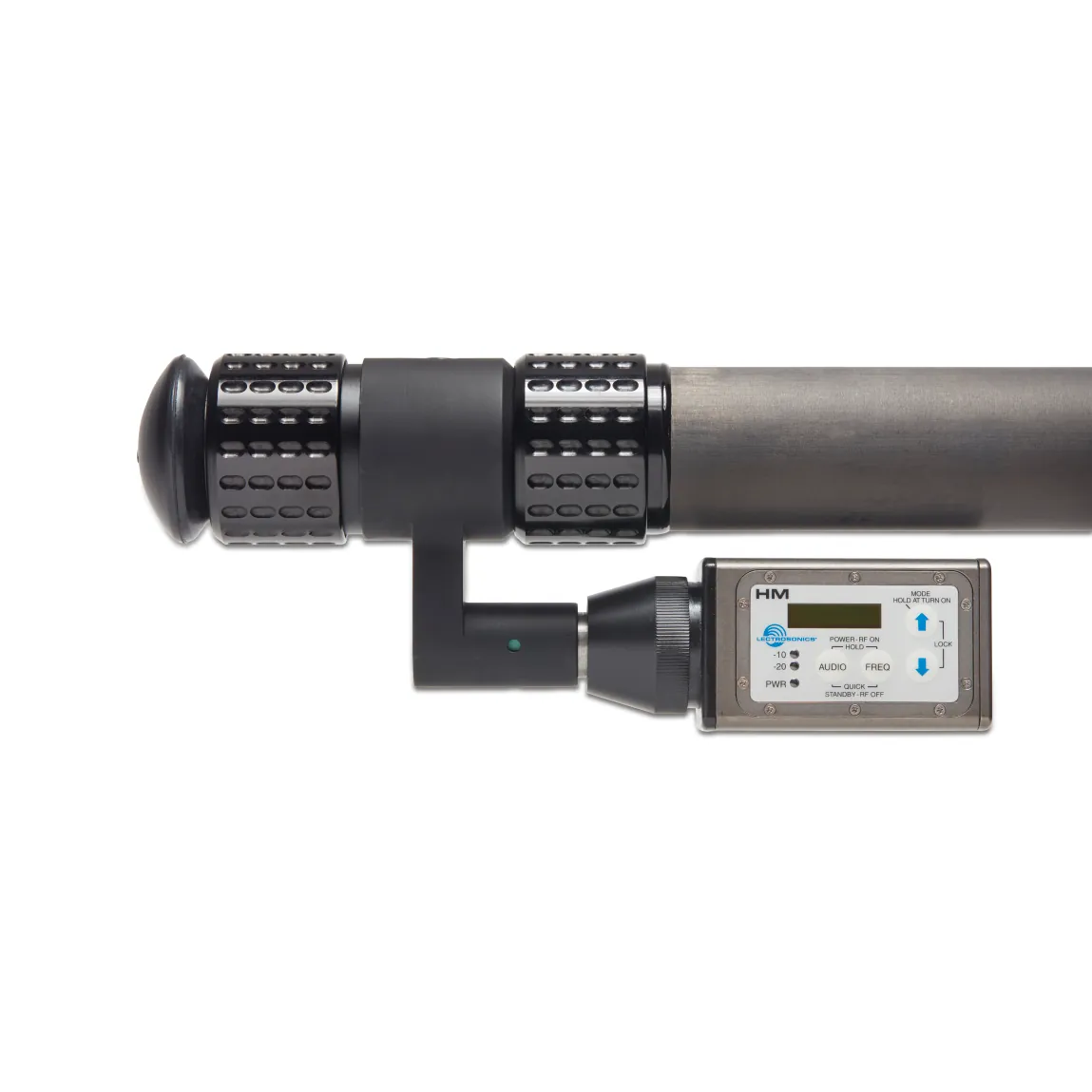 K-Tek KPTA Sidekick Transmitter Adapter for Mighty Boom Poles: on the base of a pole with a transmitter, side view.