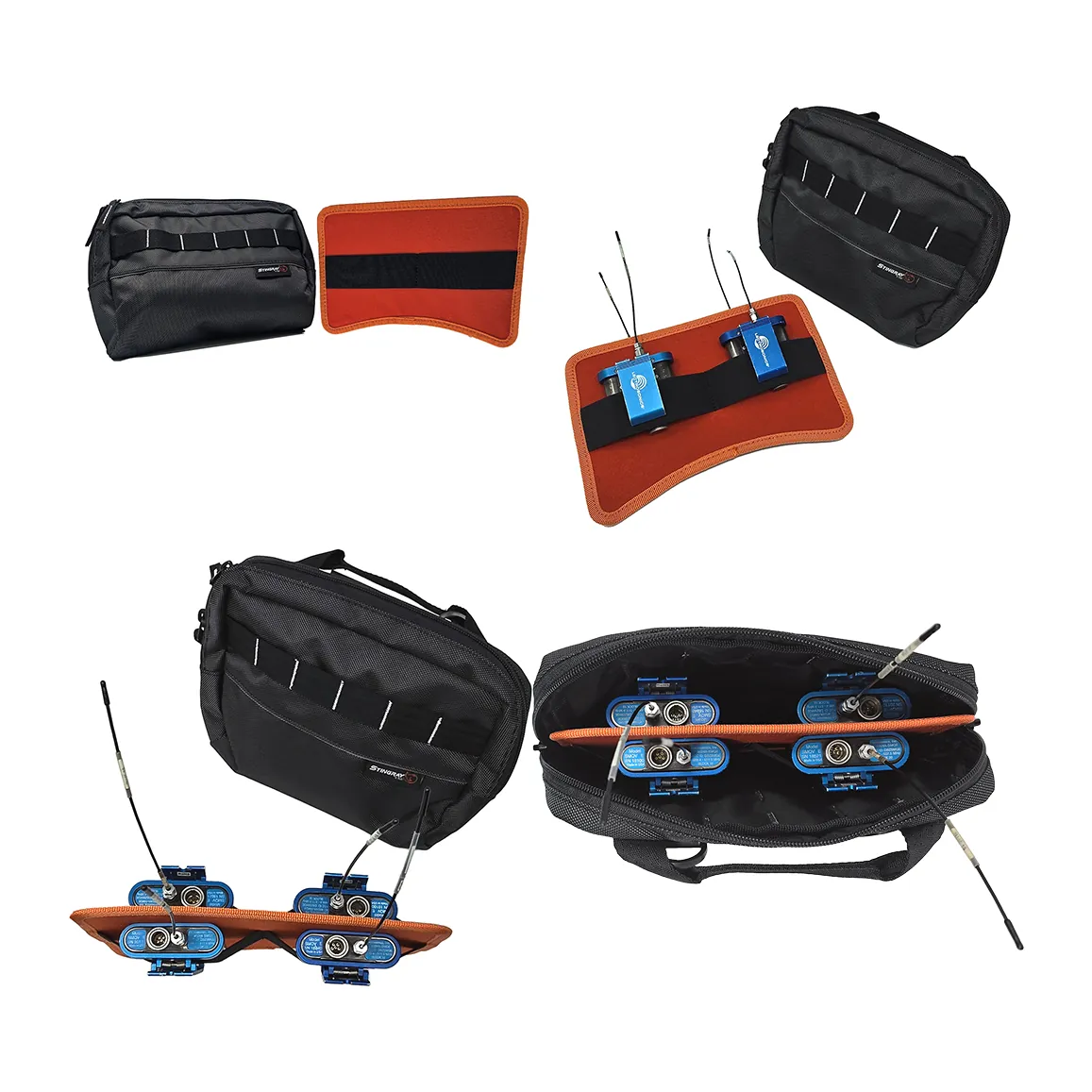 K-Tek KSAPX Stingray Front Pouch X for Mixer Bags: the pouch open and closed, with four receivers on the carrier.