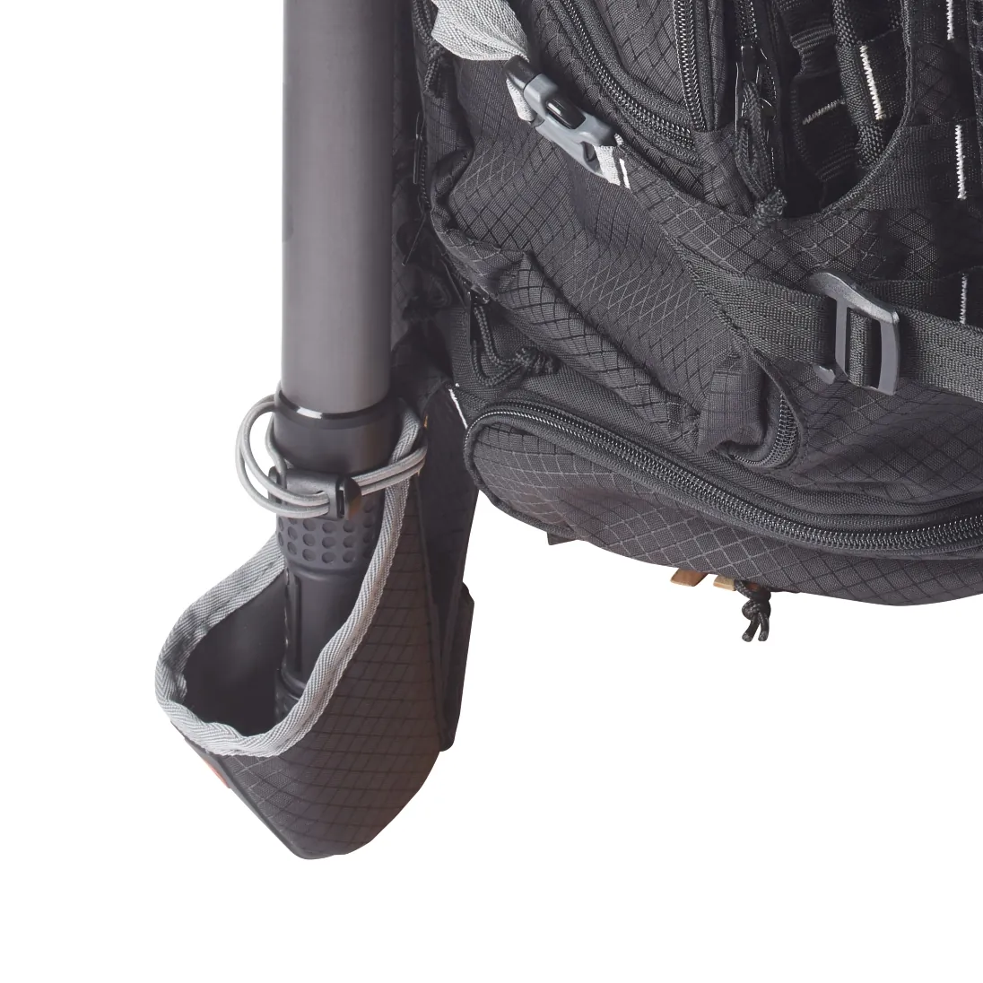 K-Tek KSBCH1 Stingray Boom Cup Holder: holding a boom pole on the side of a Stingray backpack.