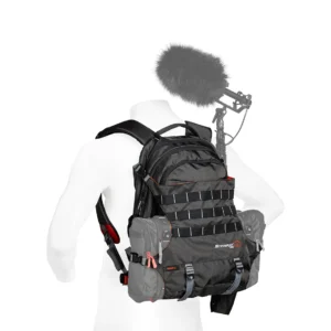 K-Tek KSBPX Stingray Backpack X with Integrated Harness: worn on a mannequin with a boom pole on the back and a mixer bag on the harness.