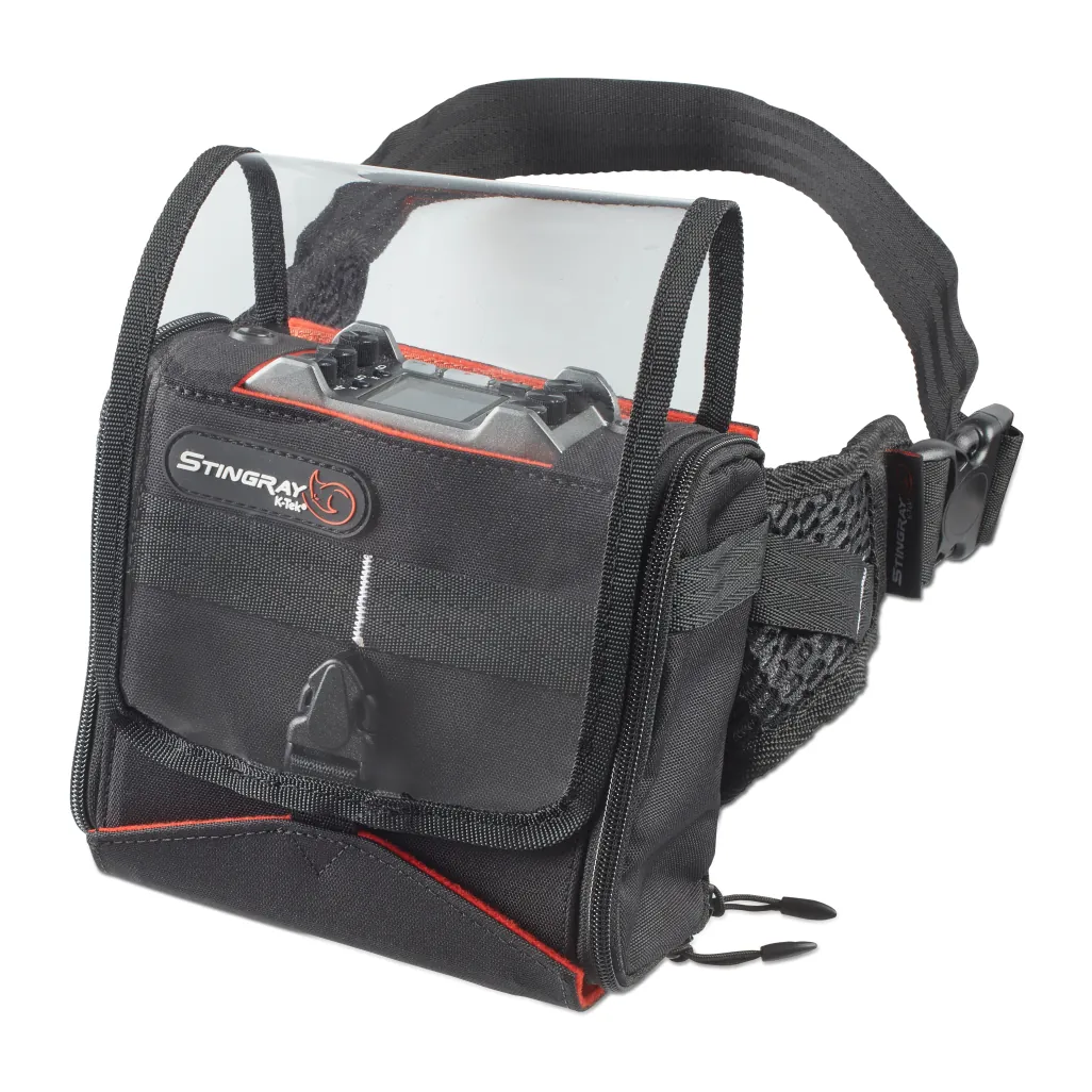 K-Tek KSF6 Stingray Zoom F6 Bag with Clear Shield: a Zoom F6 inside the bag, under the raised clear shield.