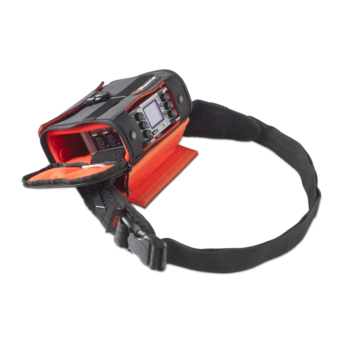 K-Tek KSF6 Stingray Zoom F6 Bag with Clear Shield: a side panel unzipped to show the Zoom F6's controls.