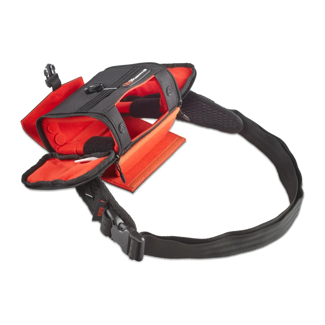 K-Tek KSF6 Stingray Zoom F6 Bag with Clear Shield: both side panels unzipped around the recorder, with the waist belt attached.