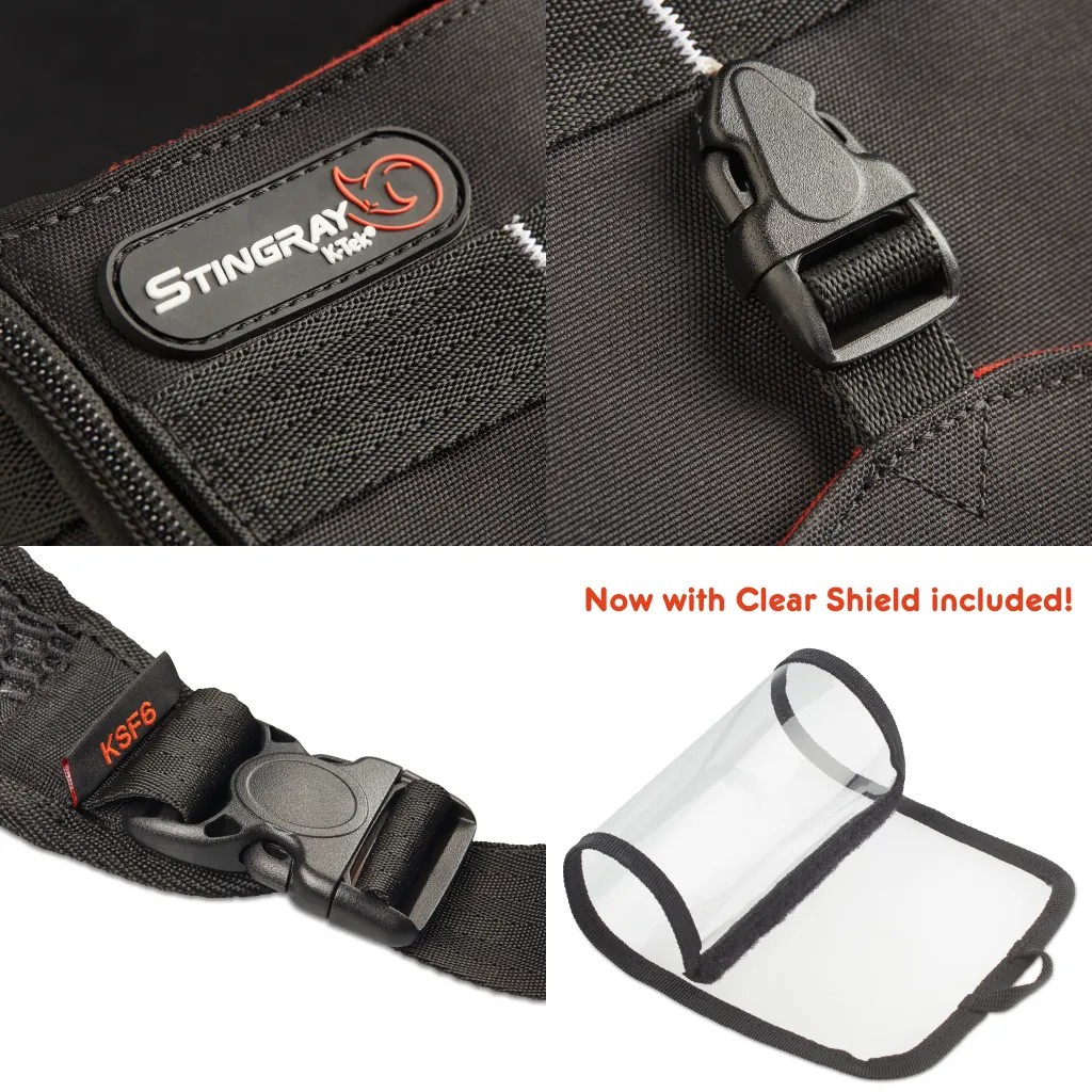 K-Tek KSF6 Stingray Zoom F6 Bag with Clear Shield: close-ups of the Stingray logo, the bottom buckle, and the clear shield.
