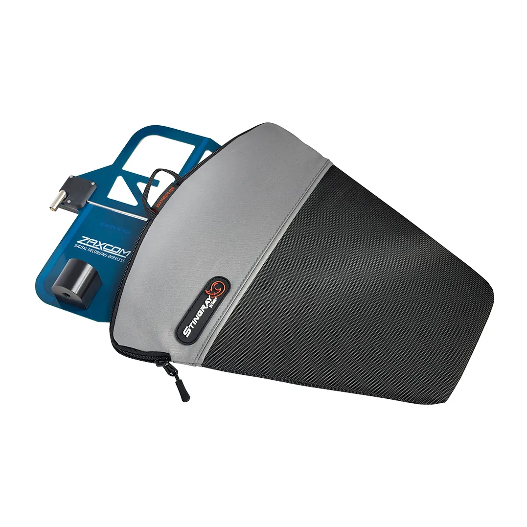 K-Tek KSFAX Stingray Antenna Pouch X-Series: a blue shark fin antenna sliding into the pouch.