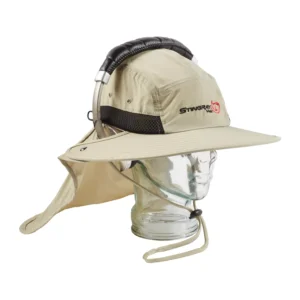 K-Tek KSH1 Stingray Audio SunHat (Beige): worn over headphones on a mannequin head.