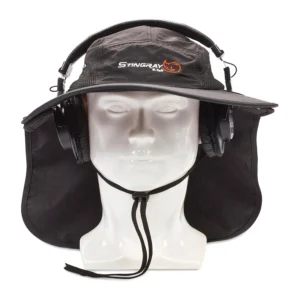 K-Tek KSH2 Stingray Audio SunHat (Black): worn over headphones on a mannequin head.