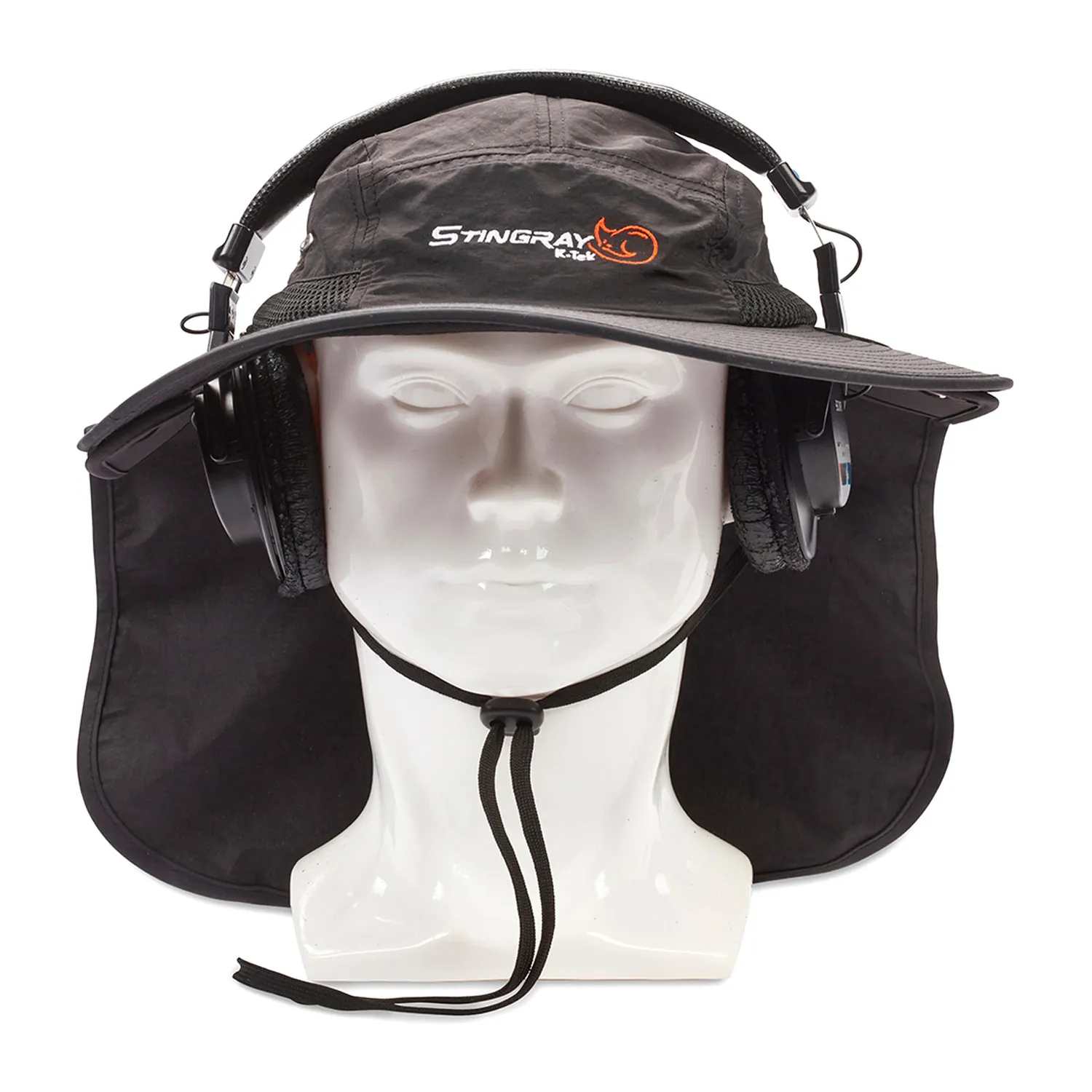 K-Tek KSH2 Stingray Audio SunHat (Black): worn over headphones on a mannequin head.