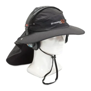 K-Tek KSH2 Stingray Audio SunHat (Black): on a mannequin head from the side, with the neck cover down.
