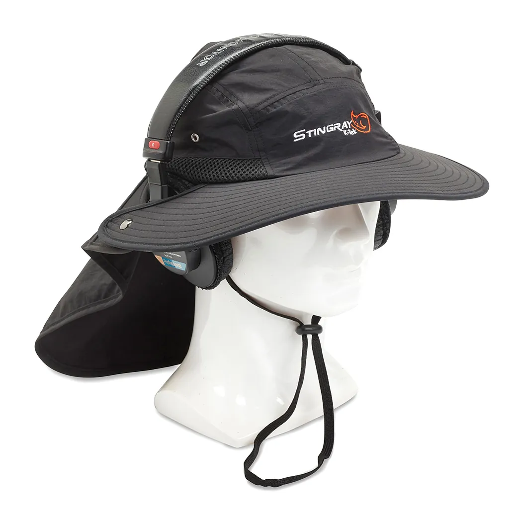 K-Tek KSH2 Stingray Audio SunHat (Black): on a mannequin head from the side, with the neck cover down.