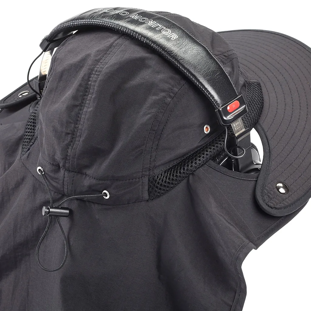 K-Tek KSH2 Stingray Audio SunHat (Black): a headphone earcup passing through a side opening.