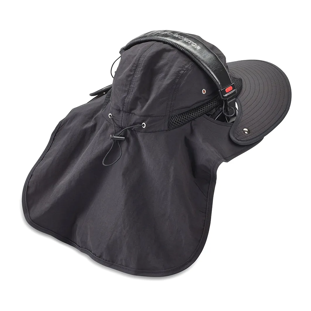 K-Tek KSH2 Stingray Audio SunHat (Black): the side opening and its snaps, with the headphone headband over the crown.