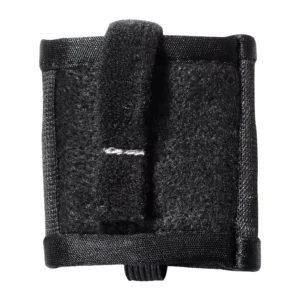 K-Tek KSHPMINI Stingray HeatBlock Transmitter Pouch - Mini: the black pouch from the front, its strap marked with one white stitch.