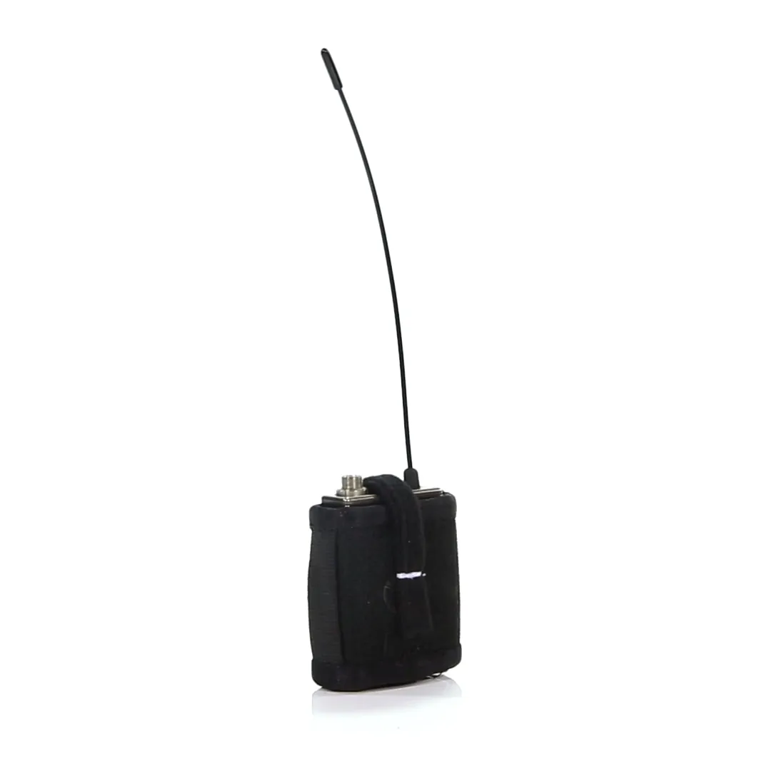 K-Tek KSHPMINI Stingray HeatBlock Transmitter Pouch - Mini: a small transmitter with its whip antenna sitting in the pouch.