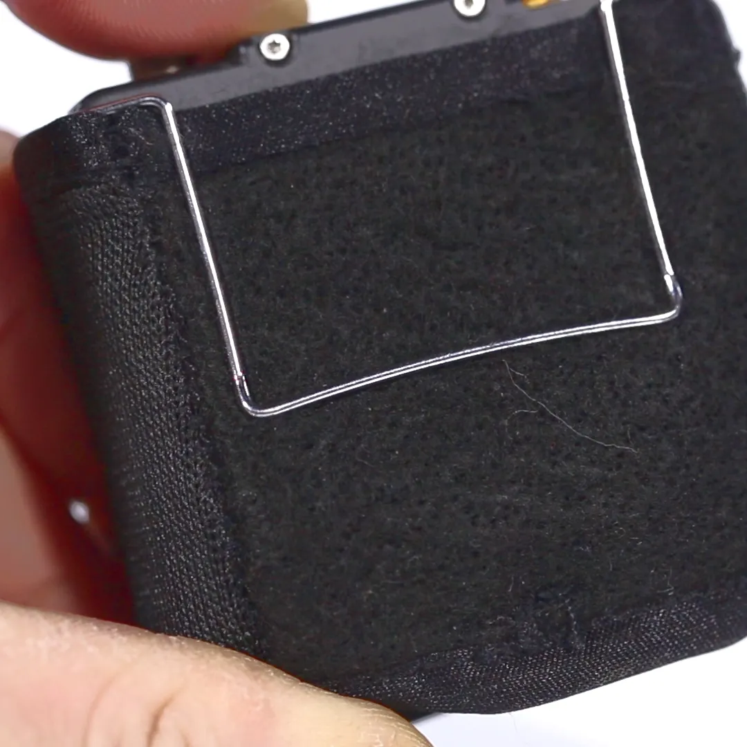 K-Tek KSHPM Stingray HeatBlock Transmitter Pouch - Medium: a transmitter held in the pouch, with its belt clip on the outside.