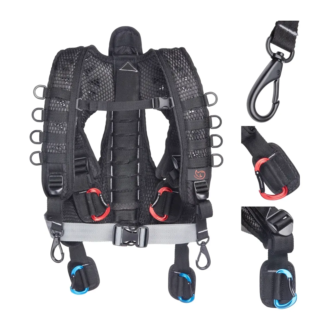 K-Tek KSHRN3 Stingray Audio Harness with ExoSpine: the harness beside close-ups of its carabiners and strap fittings.
