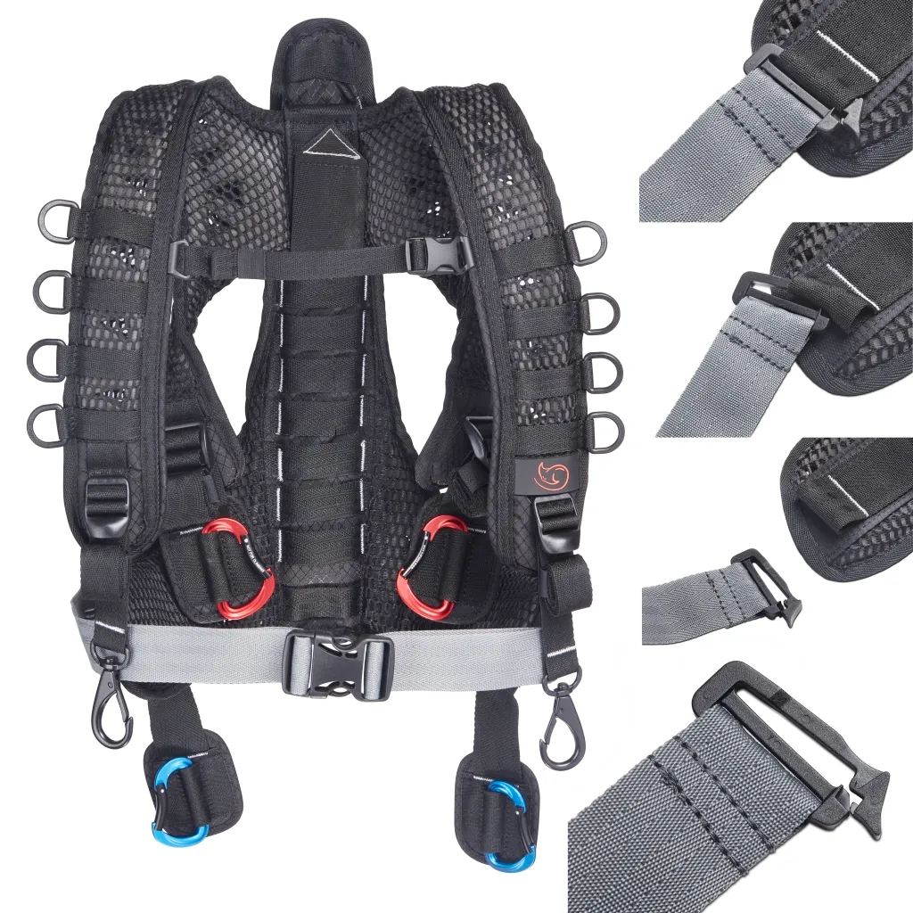 K-Tek KSHRN3 Stingray Audio Harness with ExoSpine: the harness beside close-ups of its buckles and strap ends.