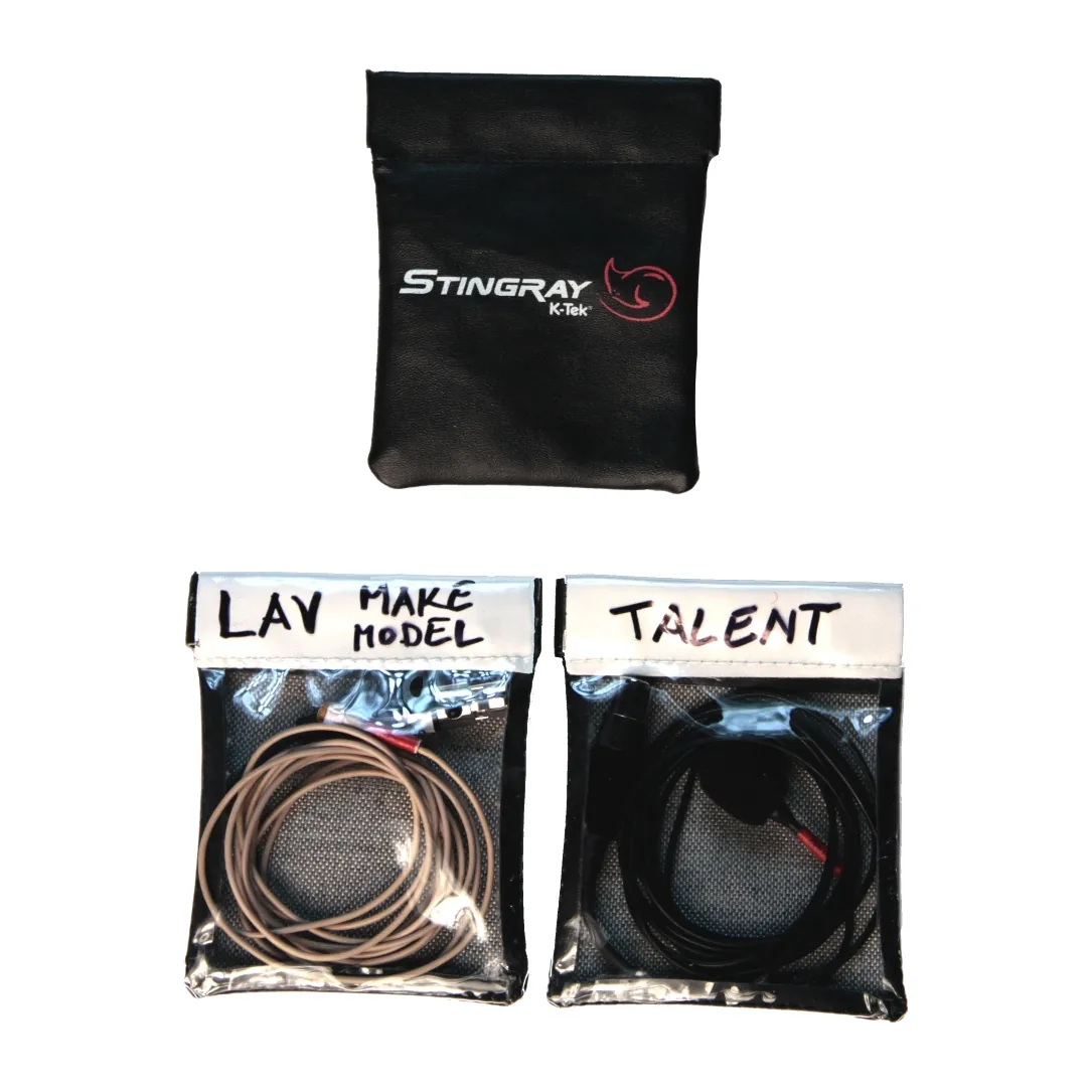 K-Tek KSLP1 Stingray Lav Pouch (Set of 3): pouches labeled for the lav's make and model and the talent, with lavs coiled inside.