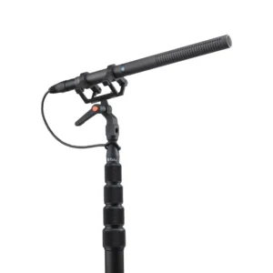 K-Tek KSM Shock Mount, 2-Point Suspension: on a boom pole, holding a shotgun mic.