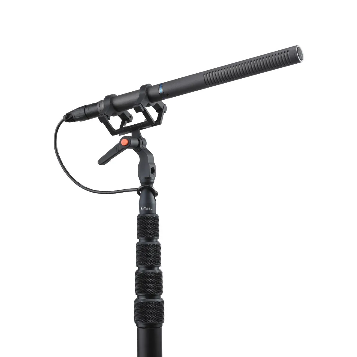 K-Tek KSM Shock Mount, 2-Point Suspension: on a boom pole, holding a shotgun mic.