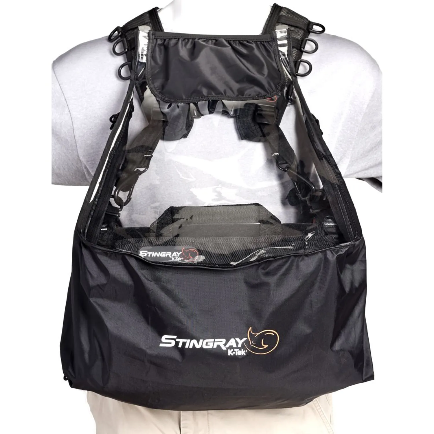 K-Tek KSRB2 Rain Bib for Stingray Harness: fitted over a mixer bag on the harness, worn on a mannequin.