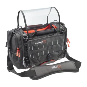 K-Tek KSTGSX Stingray Small-X Audio Mixer Bag - Orange: the bag with its clear shield raised and the shoulder strap in front.