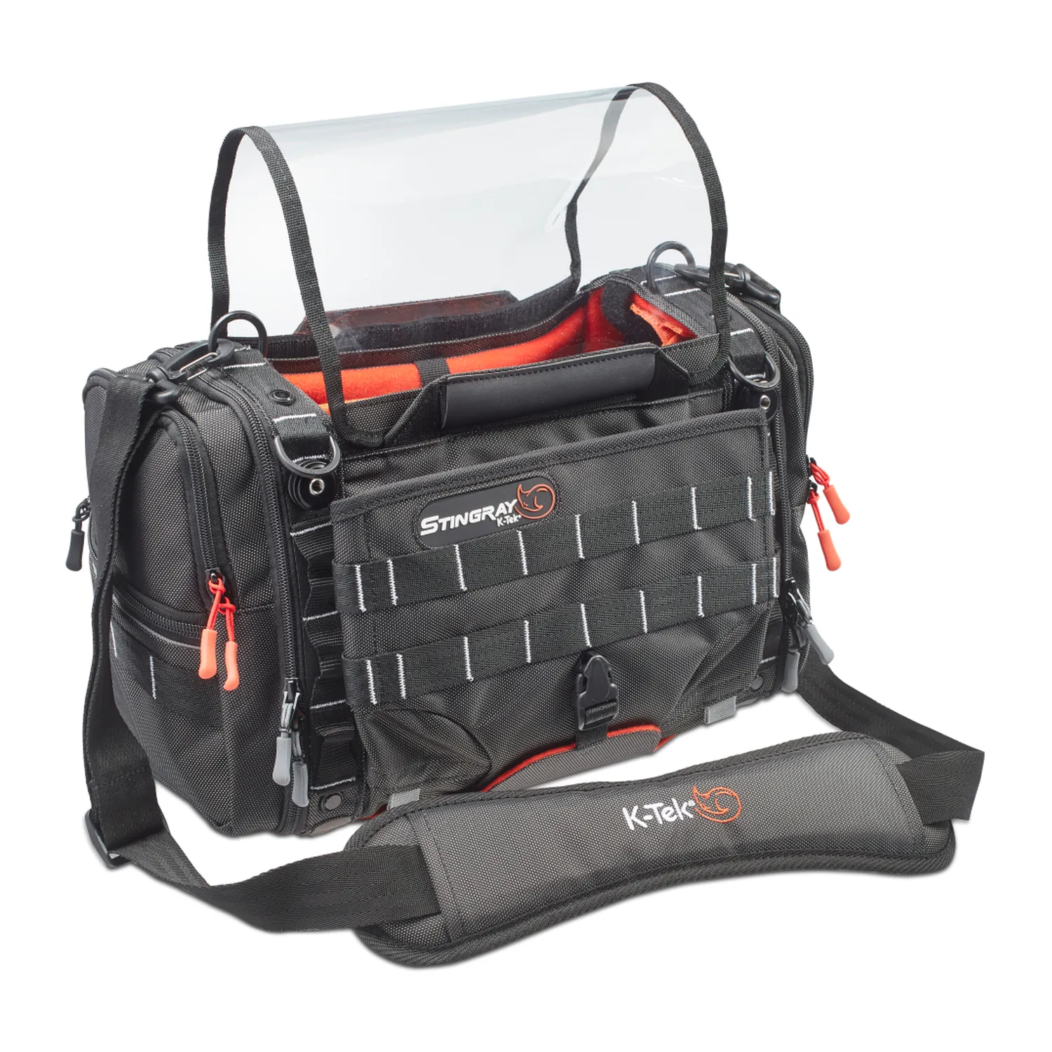 K-Tek KSTGSX Stingray Small-X Audio Mixer Bag - Orange: the bag with its clear shield raised and the shoulder strap in front.