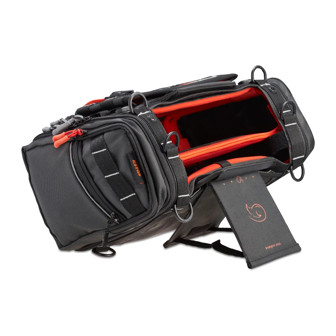 K-Tek KSTGSX Stingray Small-X Audio Mixer Bag: the top open, with the kickstand folded out.