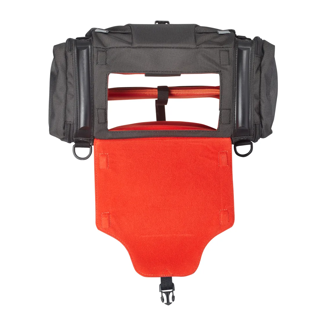 K-Tek KSTGSX Stingray Small-X Audio Mixer Bag: the front panel folded down to show its orange lining.